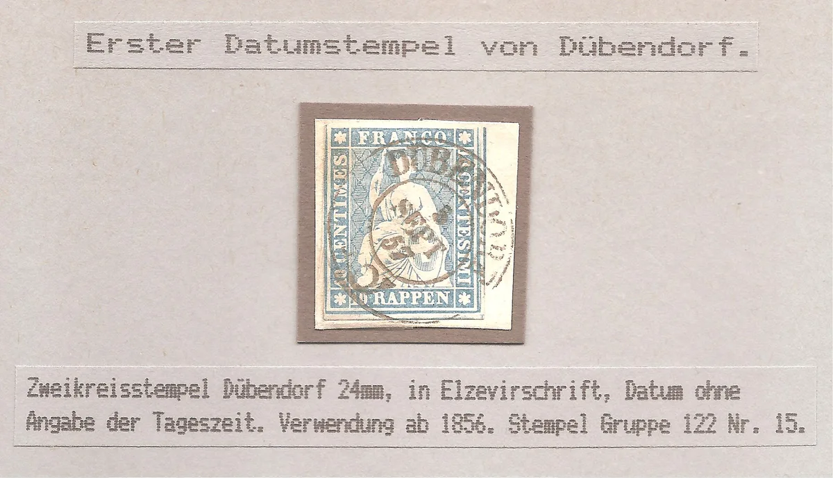 Erster Datumsstempel in Dübendorf von 1856. Poststempel mit Aviatik-Motiv